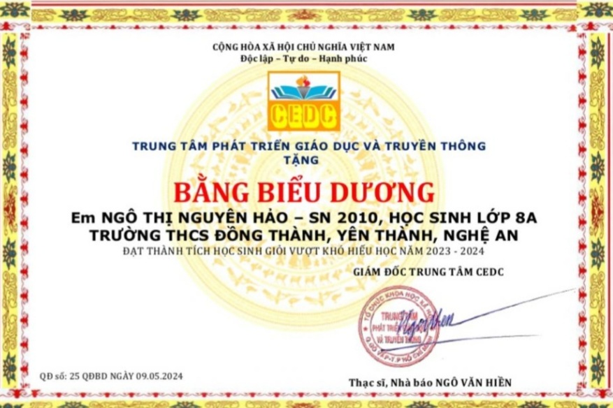 Trung tâm CEDC: Khen thưởng em Ngô Thị Nguyên Hảo